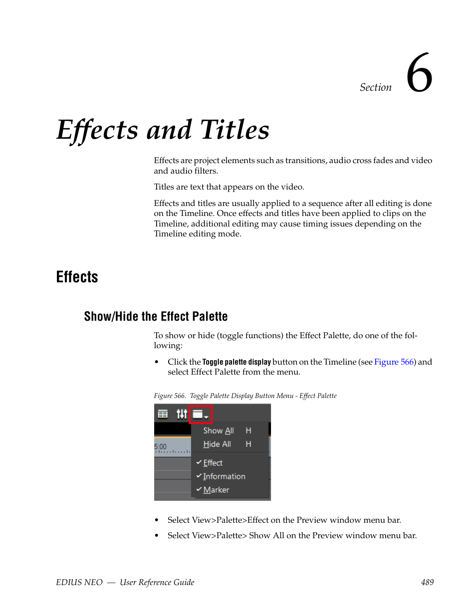 Effects and titles, Effects, Show/hide the effect palette | Section 6 — effects and titles | Grass Valley EDIUS Neo 3 User Manual | Page 491 / 802