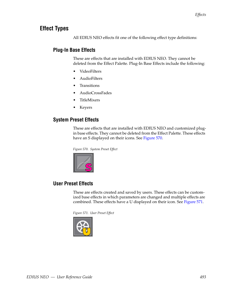 Effect types, Plug-in base effects, System preset effects | User preset effects | Grass Valley EDIUS Neo 3 User Manual | Page 495 / 802