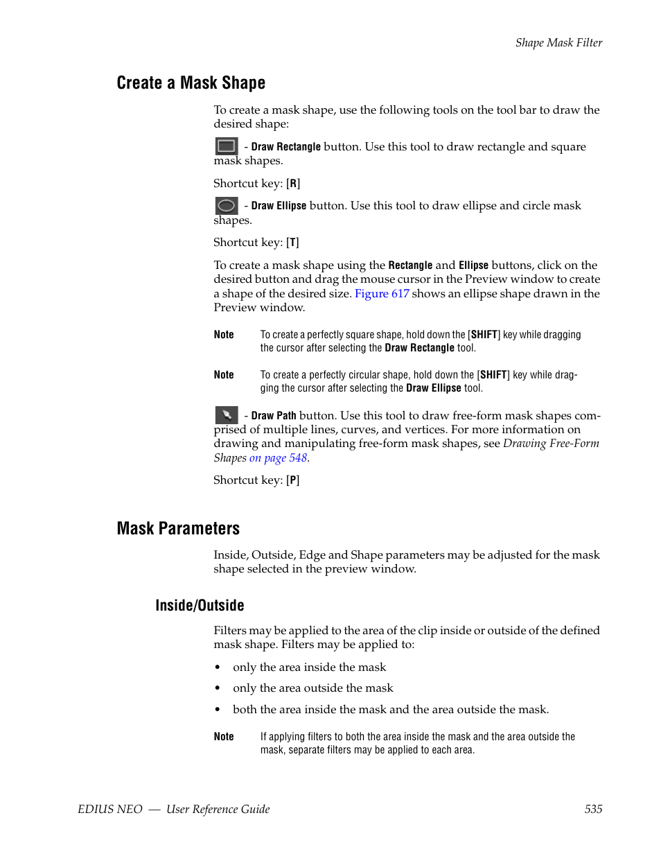 Create a mask shape, Mask parameters, Inside/outside | Grass Valley EDIUS Neo 3 User Manual | Page 537 / 802