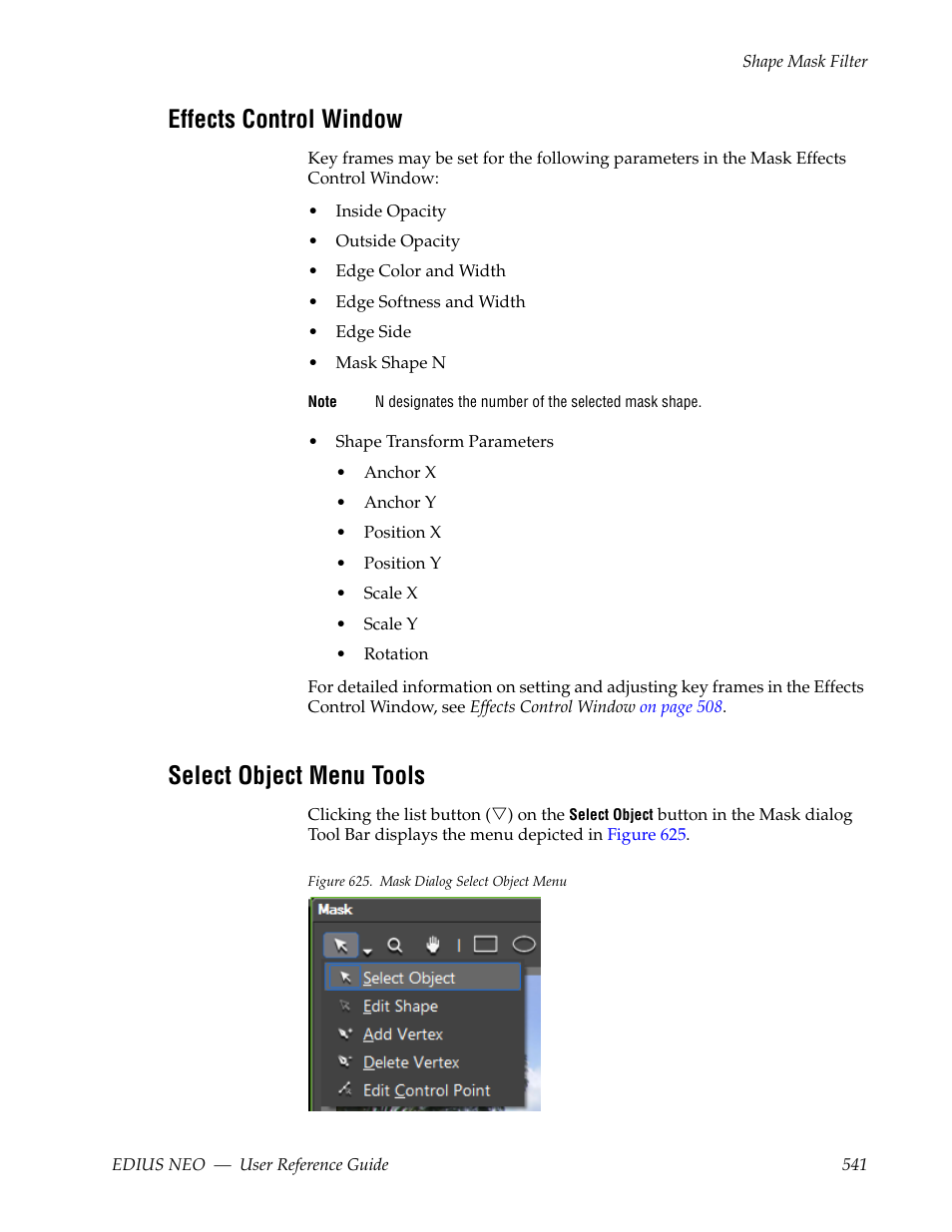 Effects control window, Select object menu tools | Grass Valley EDIUS Neo 3 User Manual | Page 543 / 802