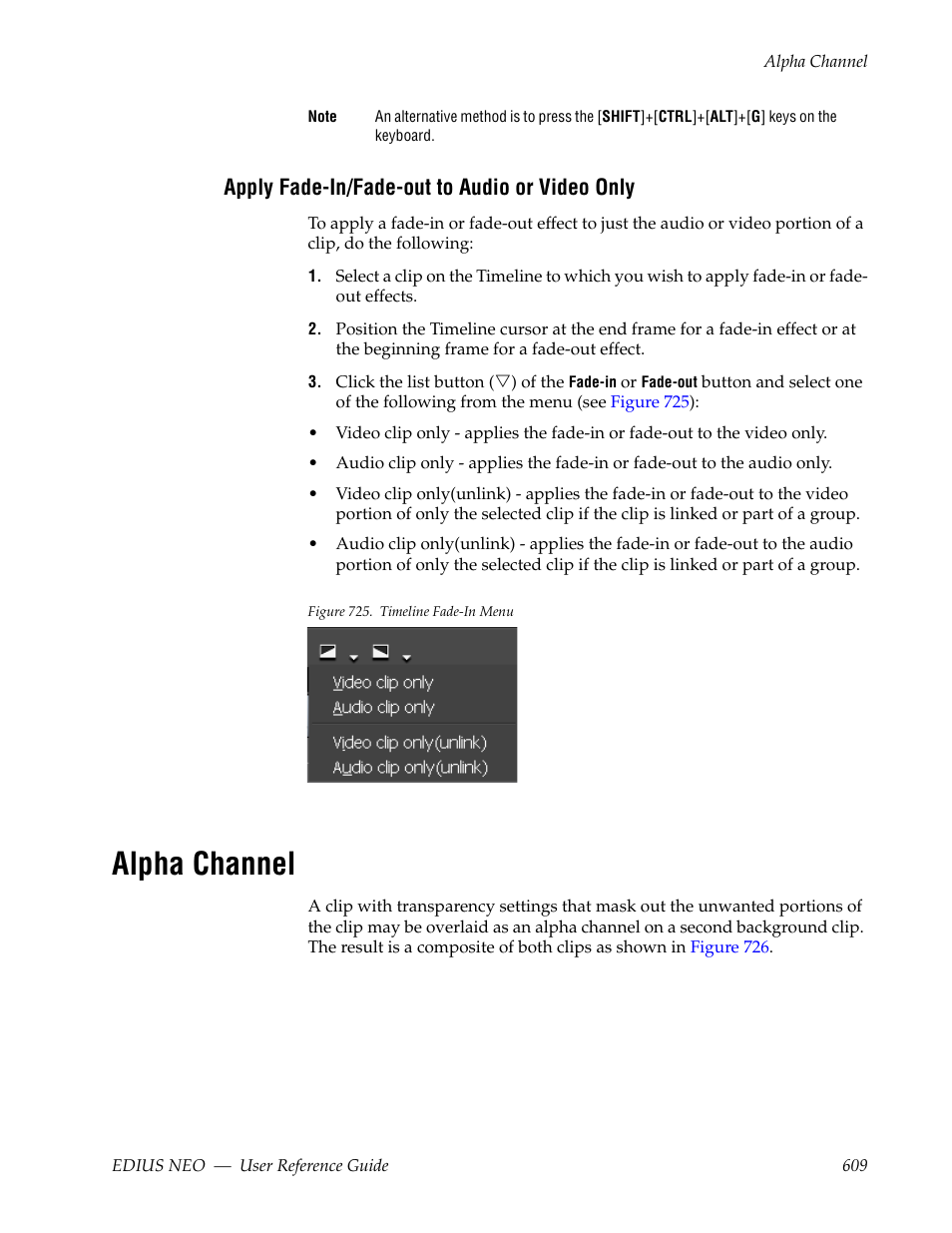 Apply fade-in/fade-out to audio or video only, Alpha channel | Grass Valley EDIUS Neo 3 User Manual | Page 611 / 802