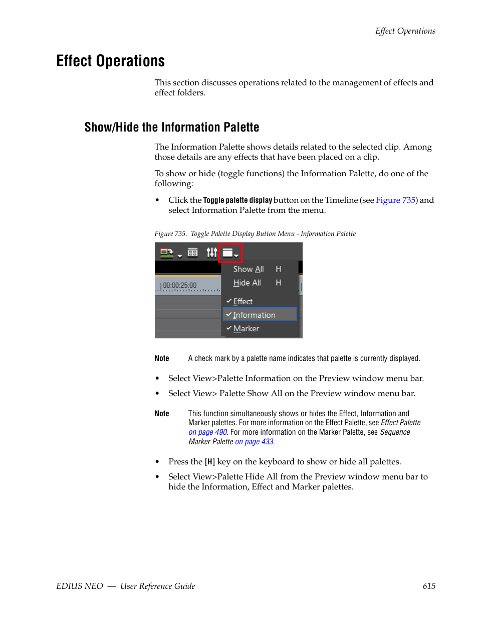 Effect operations, Show/hide the information palette | Grass Valley EDIUS Neo 3 User Manual | Page 617 / 802