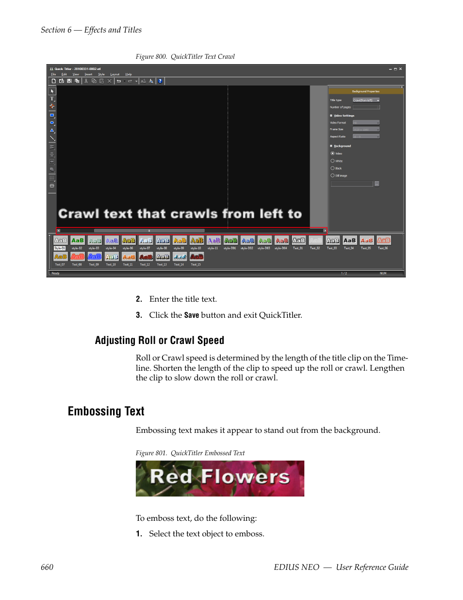 Adjusting roll or crawl speed, Embossing text | Grass Valley EDIUS Neo 3 User Manual | Page 662 / 802