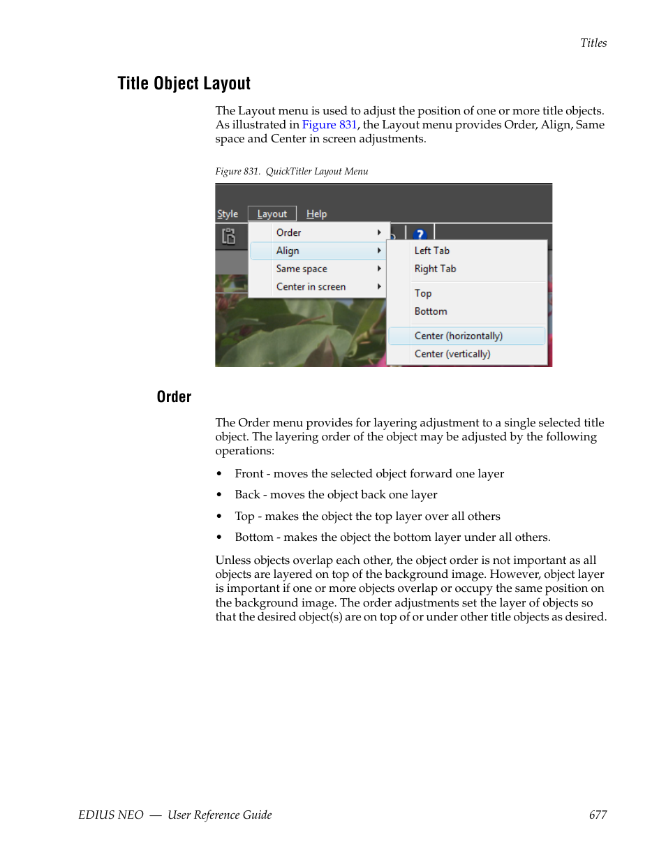 Title object layout, Order | Grass Valley EDIUS Neo 3 User Manual | Page 679 / 802
