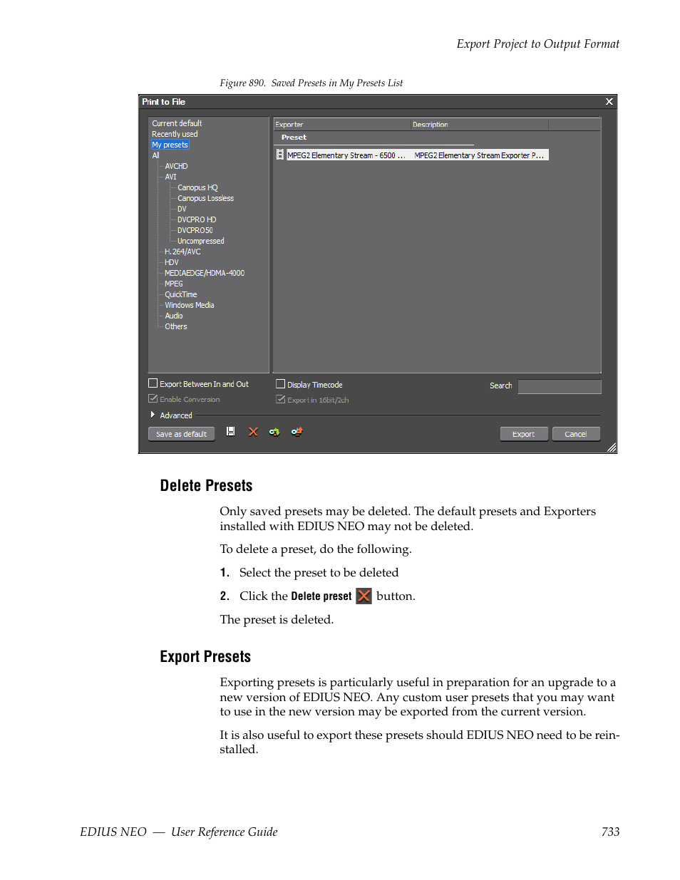 Delete presets, Export presets | Grass Valley EDIUS Neo 3 User Manual | Page 735 / 802