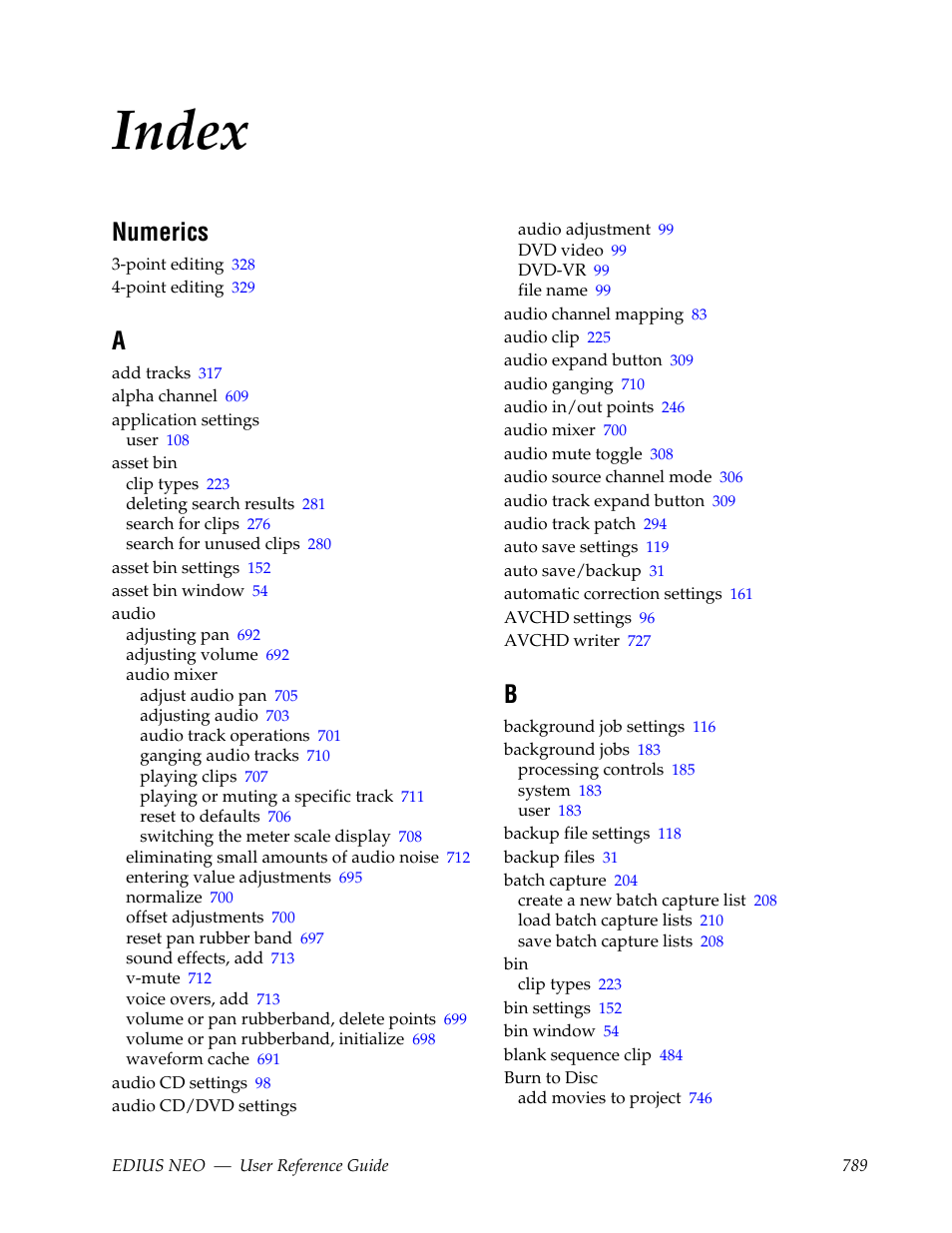 Index, Numerics | Grass Valley EDIUS Neo 3 User Manual | Page 791 / 802