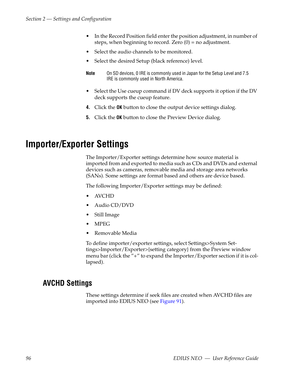 Importer/exporter settings, Avchd settings | Grass Valley EDIUS Neo 3 User Manual | Page 98 / 802