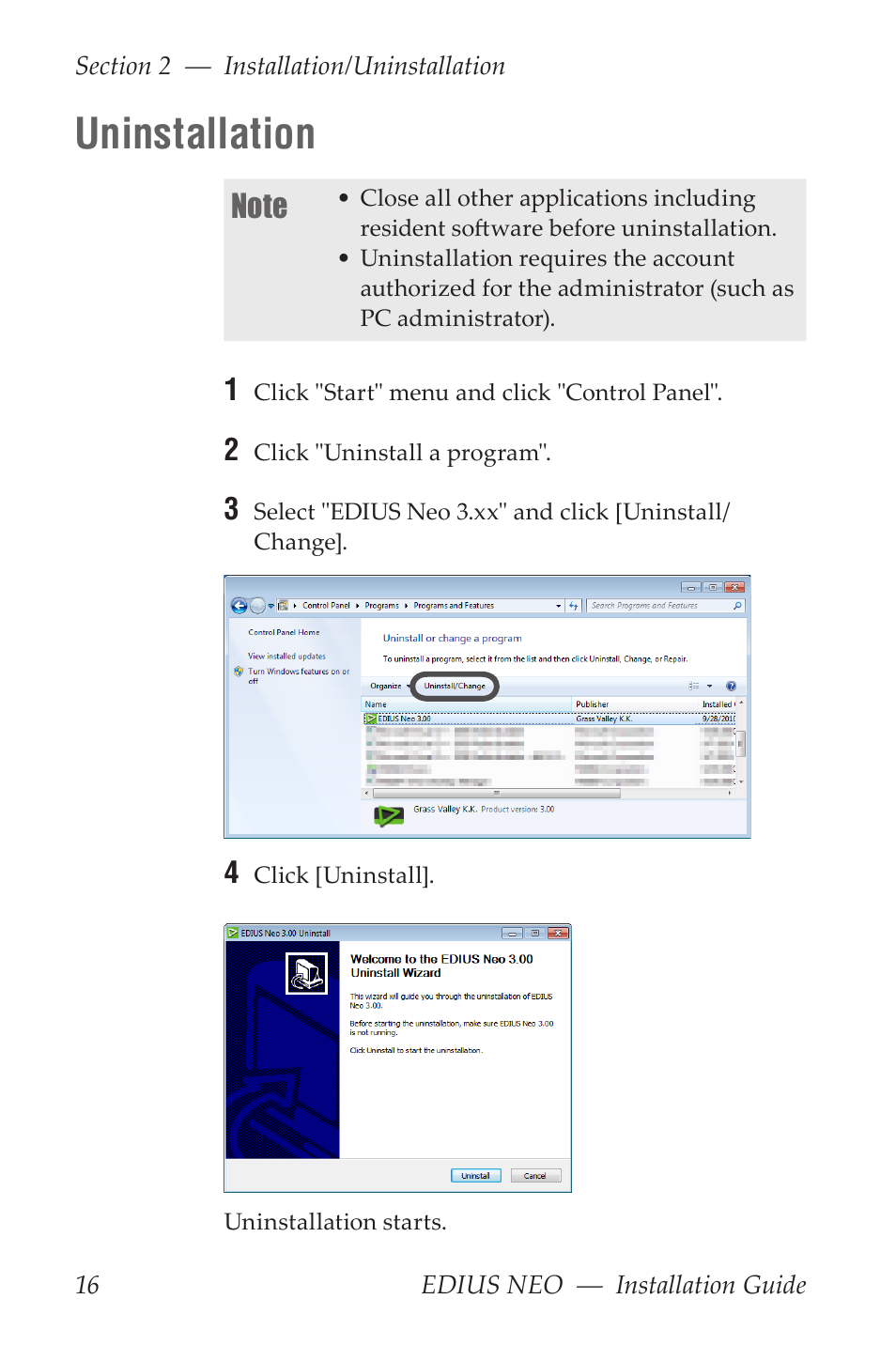 Uninstallation | Grass Valley EDIUS Neo 3 Installation User Manual | Page 16 / 17
