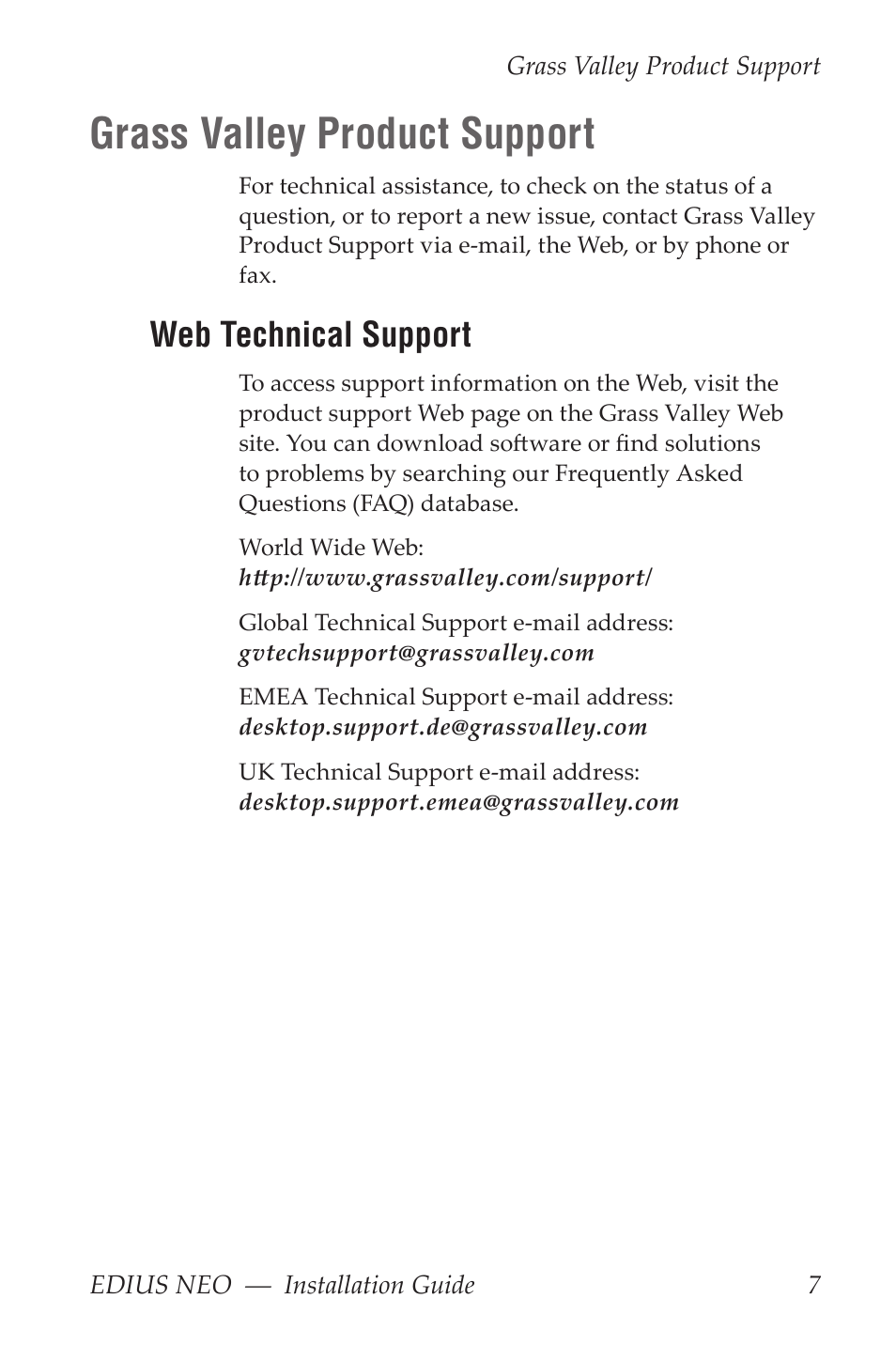 Grass valley product support, Web technical support | Grass Valley EDIUS Neo 3 Installation User Manual | Page 7 / 17