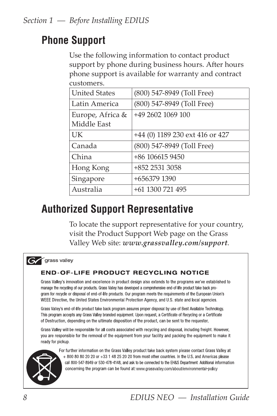 Phone support, Authorized support representative | Grass Valley EDIUS Neo 3 Installation User Manual | Page 8 / 17