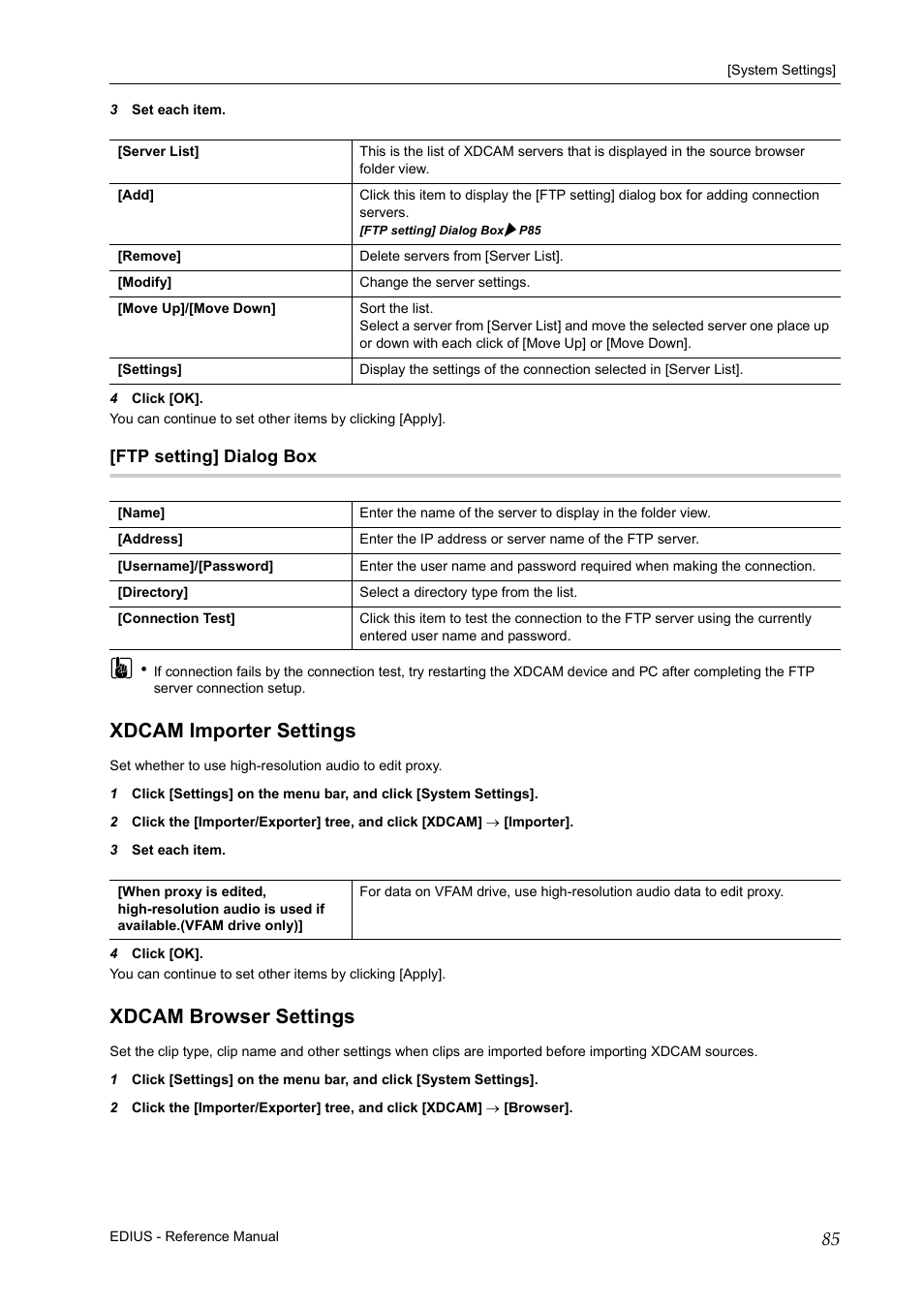Ftp setting] dialog box, Xdcam importer settings, Xdcam browser settings | Xdcam importer settings xdcam browser settings | Grass Valley EDIUS Pro v.6.5 User Manual | Page 107 / 530