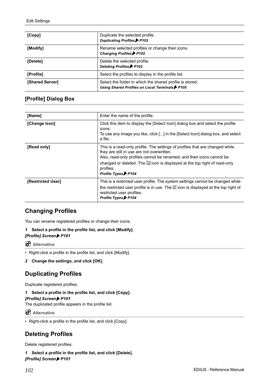 Profile] dialog box, Changing profiles, Duplicating profiles | Deleting profiles, P102 | Grass Valley EDIUS Pro v.6.5 User Manual | Page 124 / 530