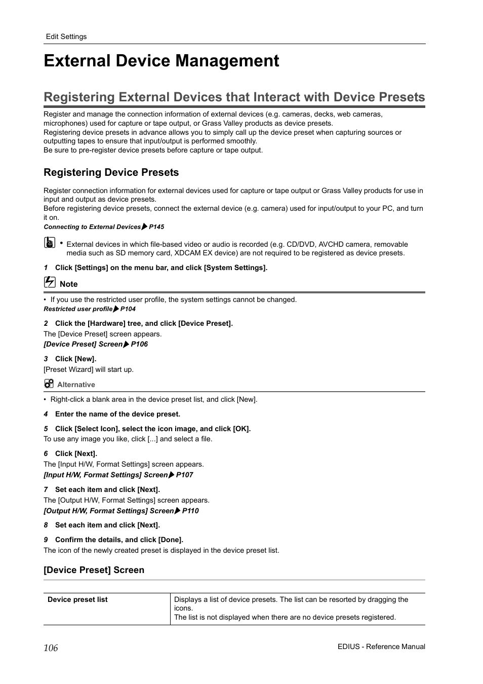 External device management, Registering device presets, Device preset] screen | P106 | Grass Valley EDIUS Pro v.6.5 User Manual | Page 128 / 530