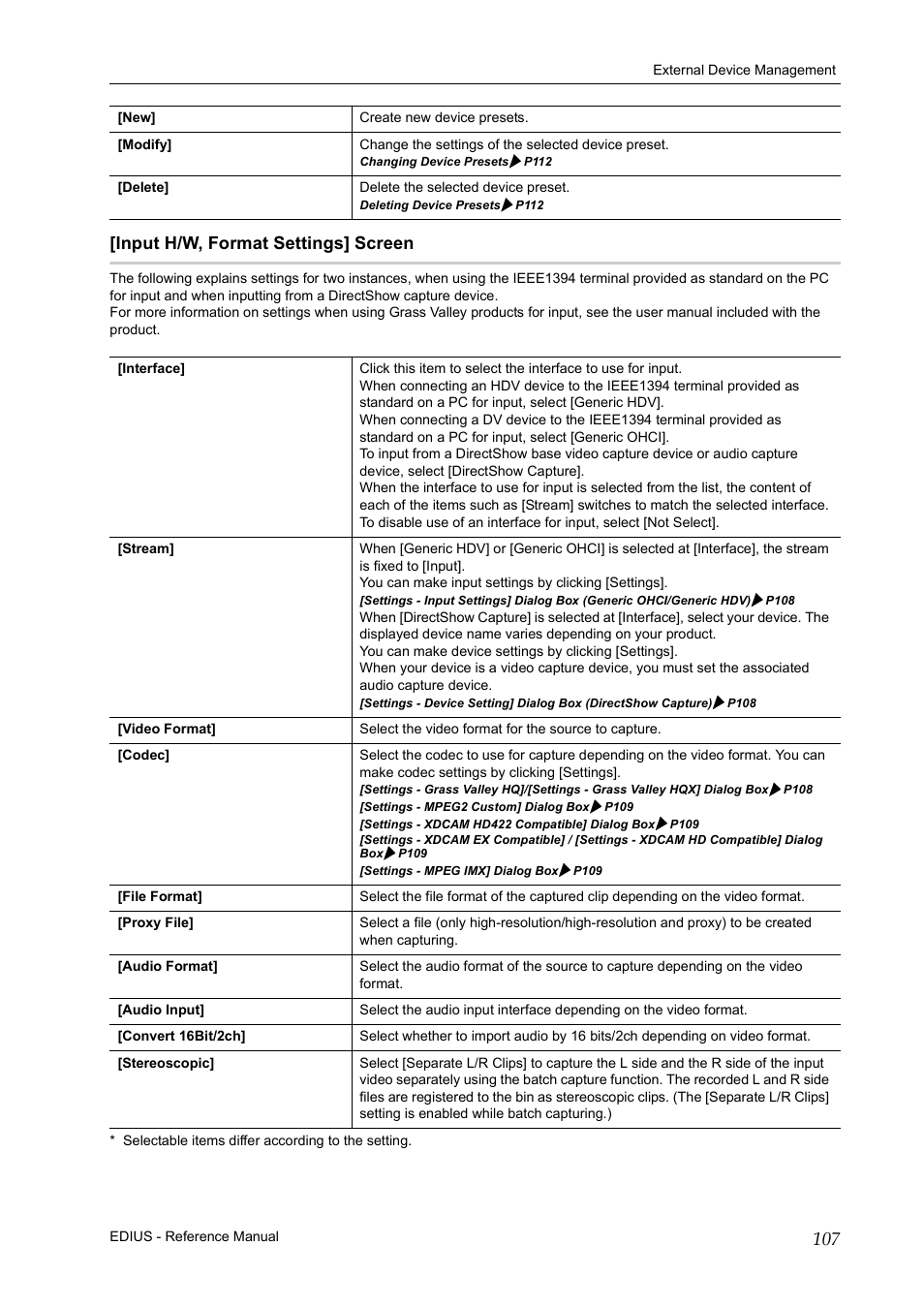 Input h/w, format settings] screen, P107 | Grass Valley EDIUS Pro v.6.5 User Manual | Page 129 / 530