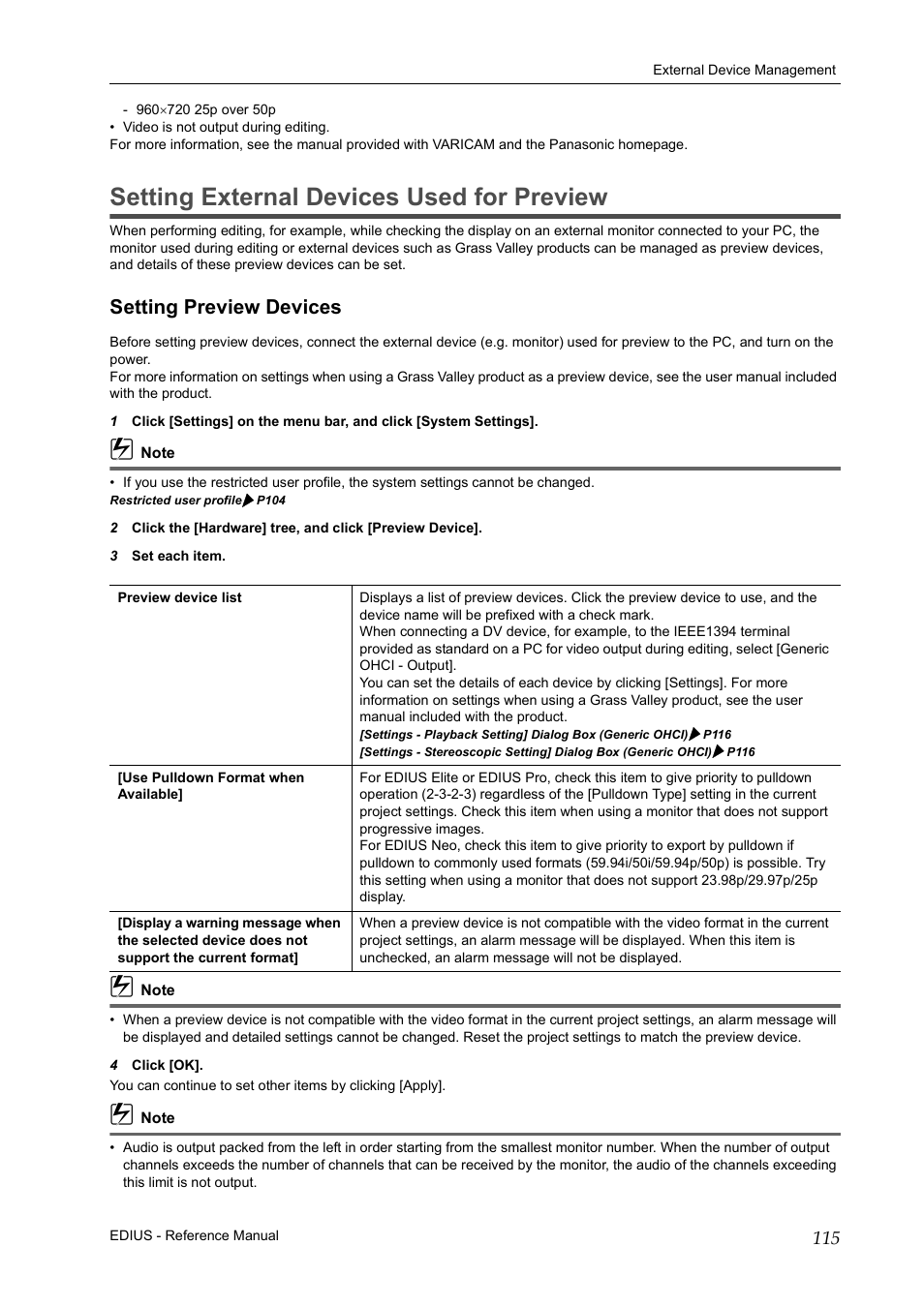 Setting external devices used for preview, Setting preview devices, P115 | Grass Valley EDIUS Pro v.6.5 User Manual | Page 137 / 530