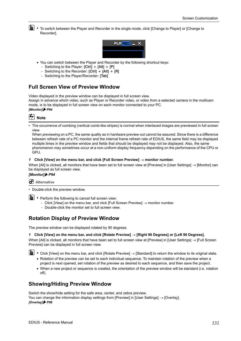 Full screen view of preview window, Rotation display of preview window, Showing/hiding preview window | Grass Valley EDIUS Pro v.6.5 User Manual | Page 153 / 530