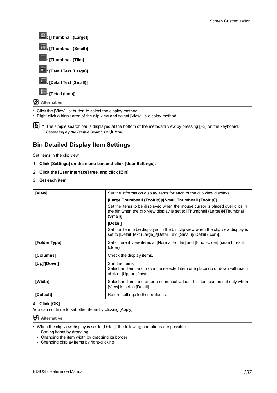 Bin detailed display item settings, P137 | Grass Valley EDIUS Pro v.6.5 User Manual | Page 159 / 530