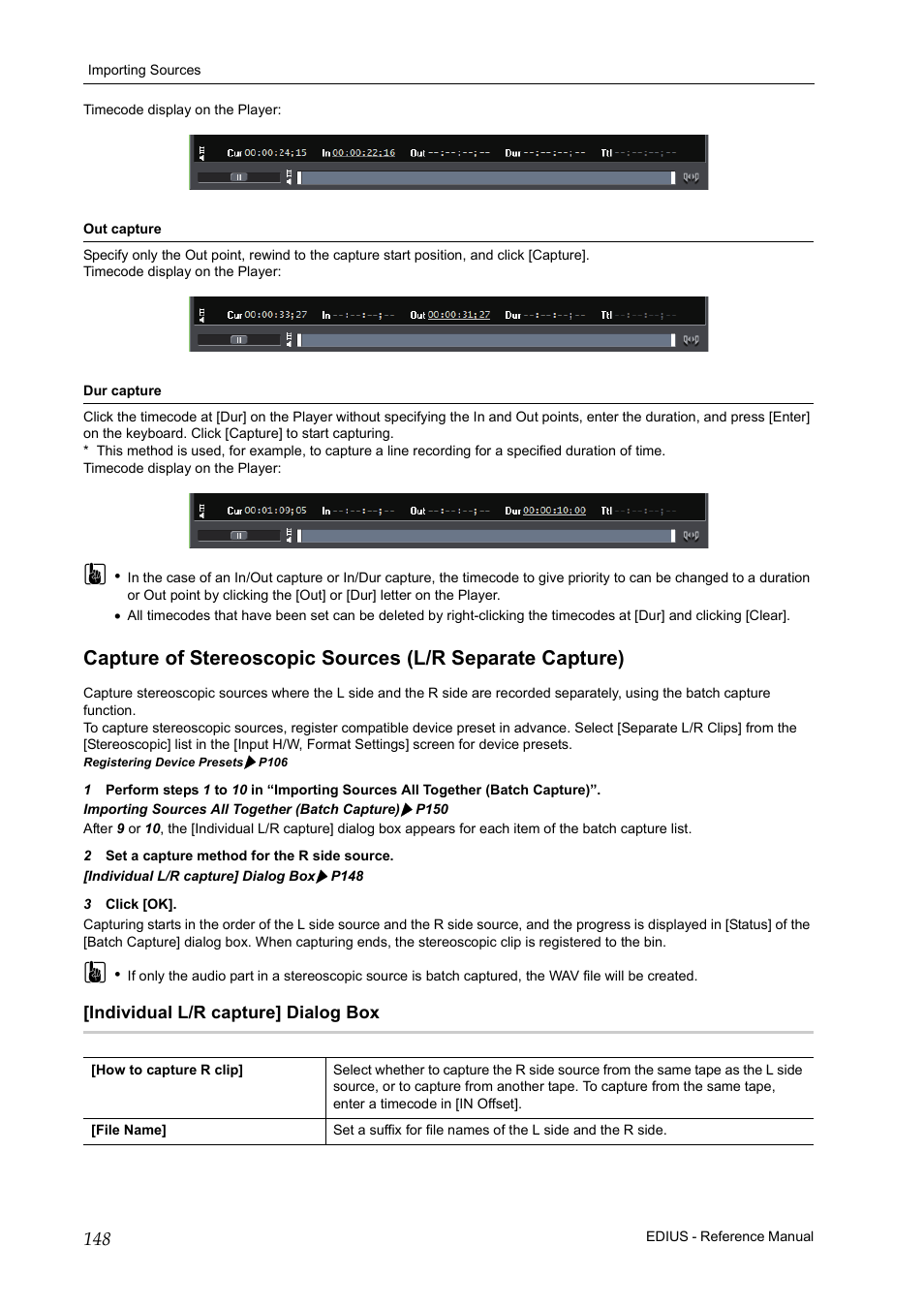 Individual l/r capture] dialog box, Capture of stereoscopic sources (l/r, Separate capture) | P148 | Grass Valley EDIUS Pro v.6.5 User Manual | Page 170 / 530
