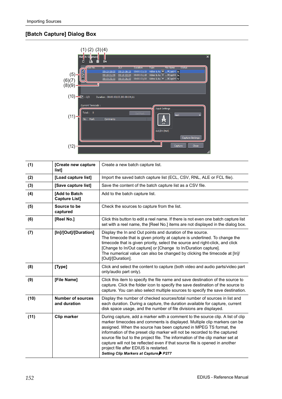 Batch capture] dialog box, P152 | Grass Valley EDIUS Pro v.6.5 User Manual | Page 174 / 530