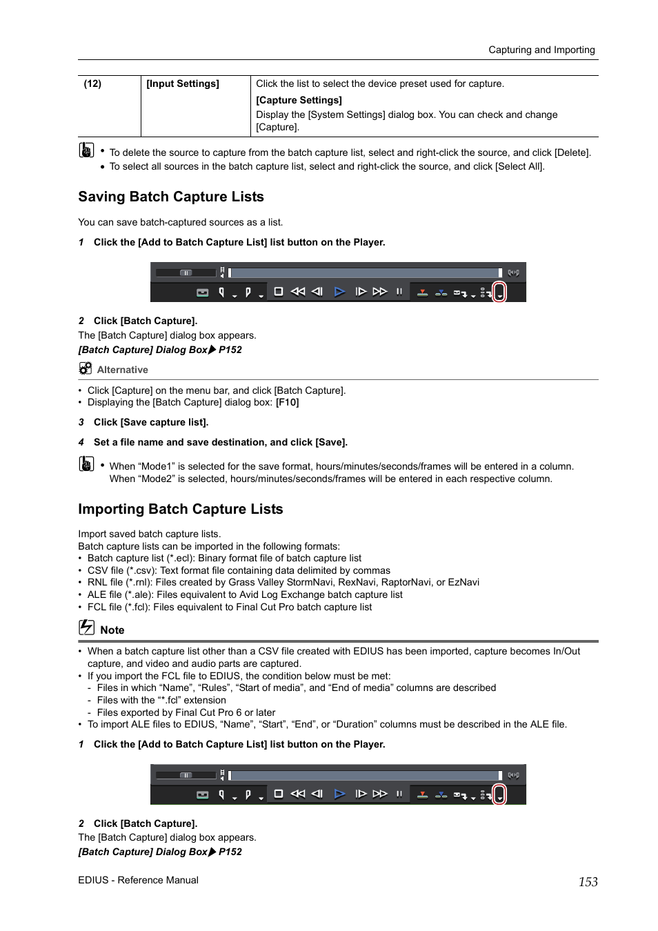 Saving batch capture lists, Importing batch capture lists | Grass Valley EDIUS Pro v.6.5 User Manual | Page 175 / 530