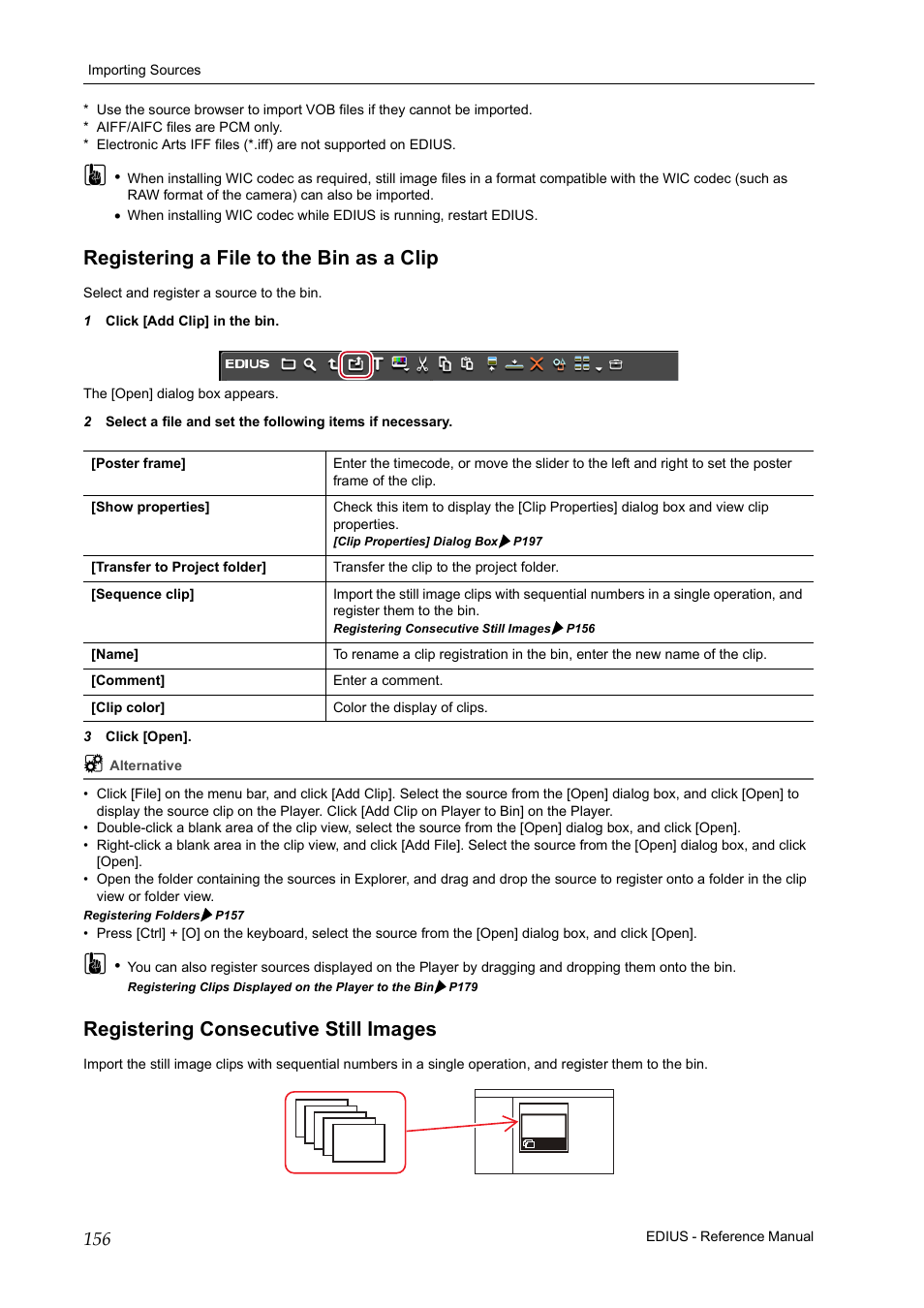 Registering a file to the bin as a clip, Registering consecutive still images | Grass Valley EDIUS Pro v.6.5 User Manual | Page 178 / 530