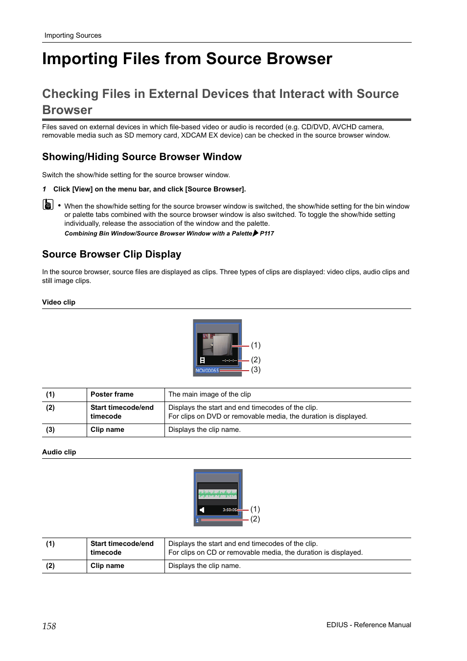 Importing files from source browser, Showing/hiding source browser window, Source browser clip display | P158 | Grass Valley EDIUS Pro v.6.5 User Manual | Page 180 / 530