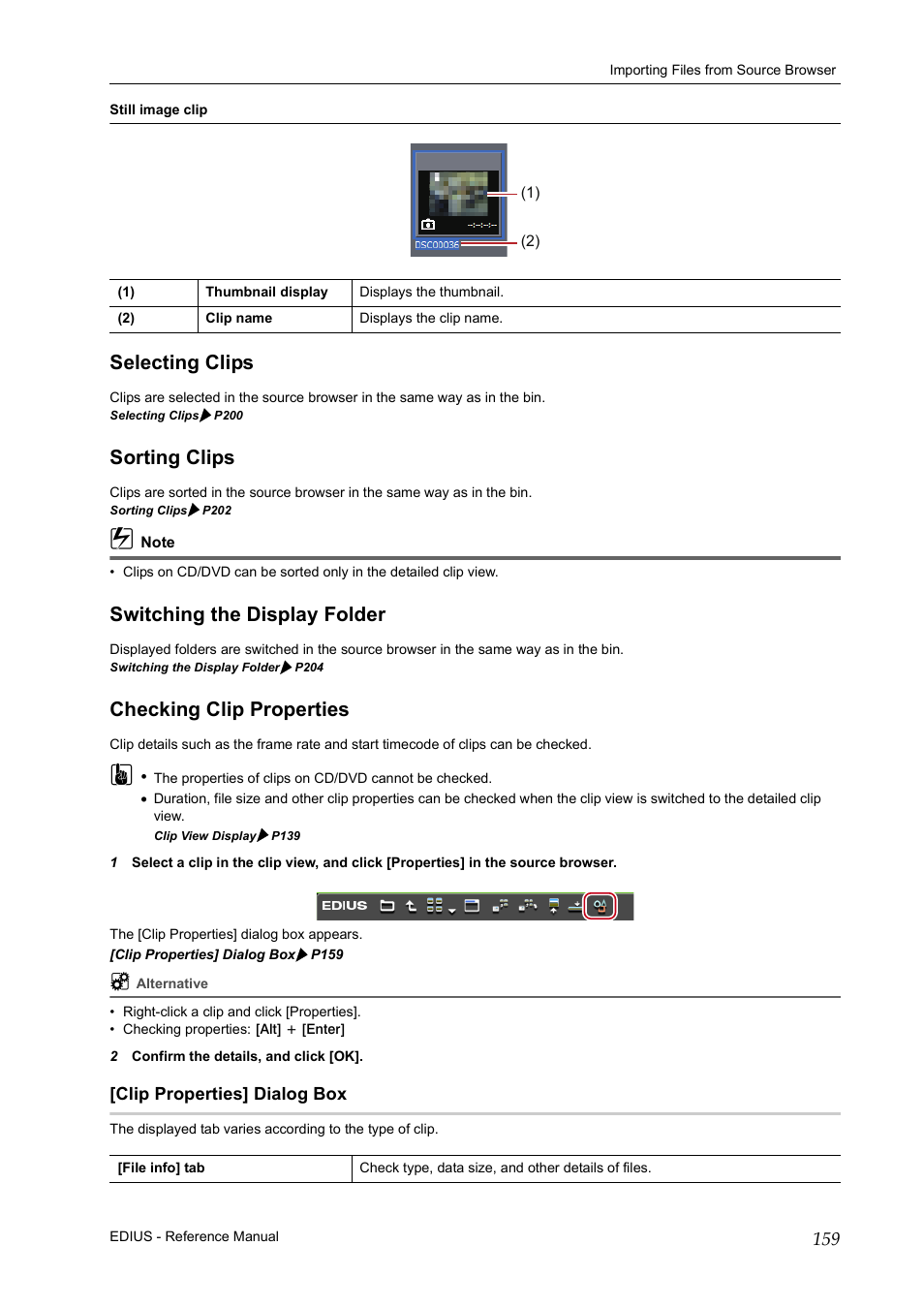 Selecting clips, Sorting clips, Switching the display folder | Checking clip properties, Clip properties] dialog box, P159 | Grass Valley EDIUS Pro v.6.5 User Manual | Page 181 / 530