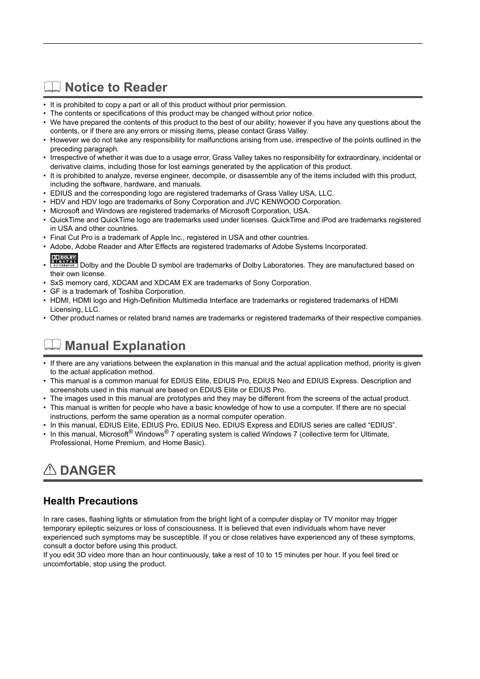 Notice to reader, Manual explanation, Danger | Health precautions | Grass Valley EDIUS Pro v.6.5 User Manual | Page 2 / 530
