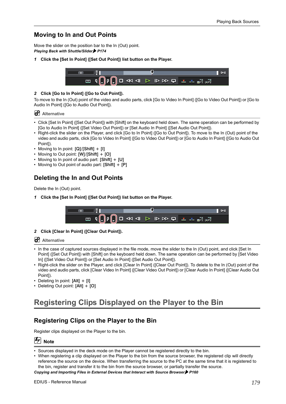 Moving to in and out points, Deleting the in and out points, Registering clips on the player to the bin | P179 | Grass Valley EDIUS Pro v.6.5 User Manual | Page 201 / 530