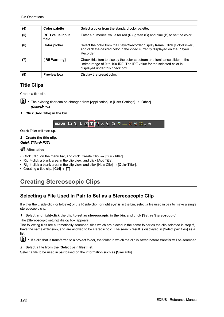 Title clips, Creating stereoscopic clips, P194 | Grass Valley EDIUS Pro v.6.5 User Manual | Page 216 / 530