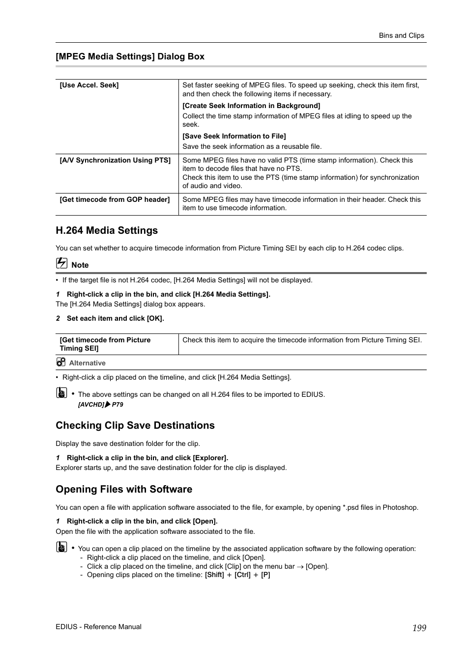 Mpeg media settings] dialog box, H.264 media settings, Checking clip save destinations | Opening files with software, P199 | Grass Valley EDIUS Pro v.6.5 User Manual | Page 221 / 530