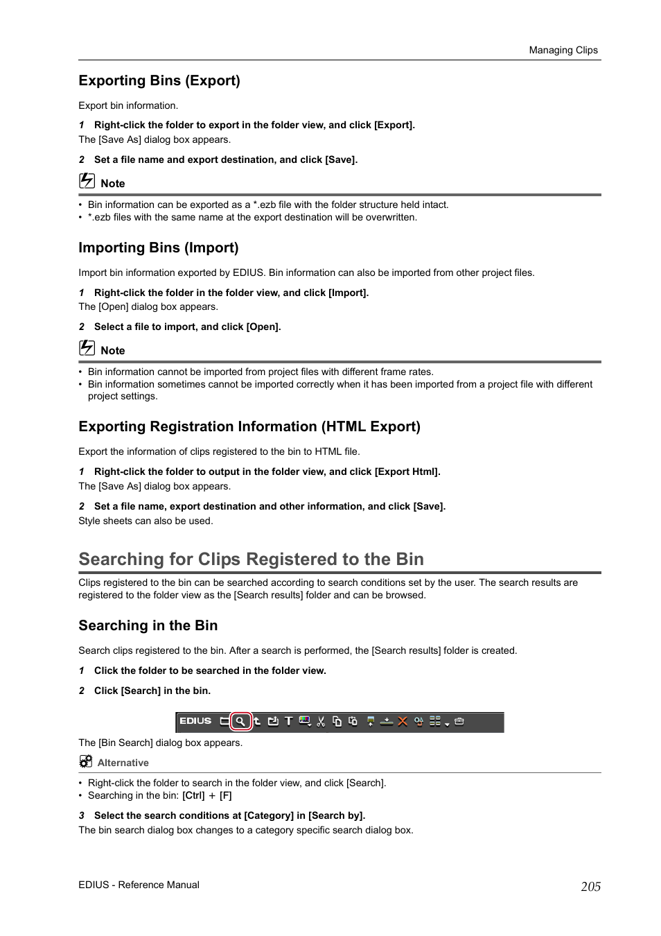 Exporting bins (export), Importing bins (import), Exporting registration information (html export) | Searching for clips registered to the bin, Searching in the bin, Searc | Grass Valley EDIUS Pro v.6.5 User Manual | Page 227 / 530