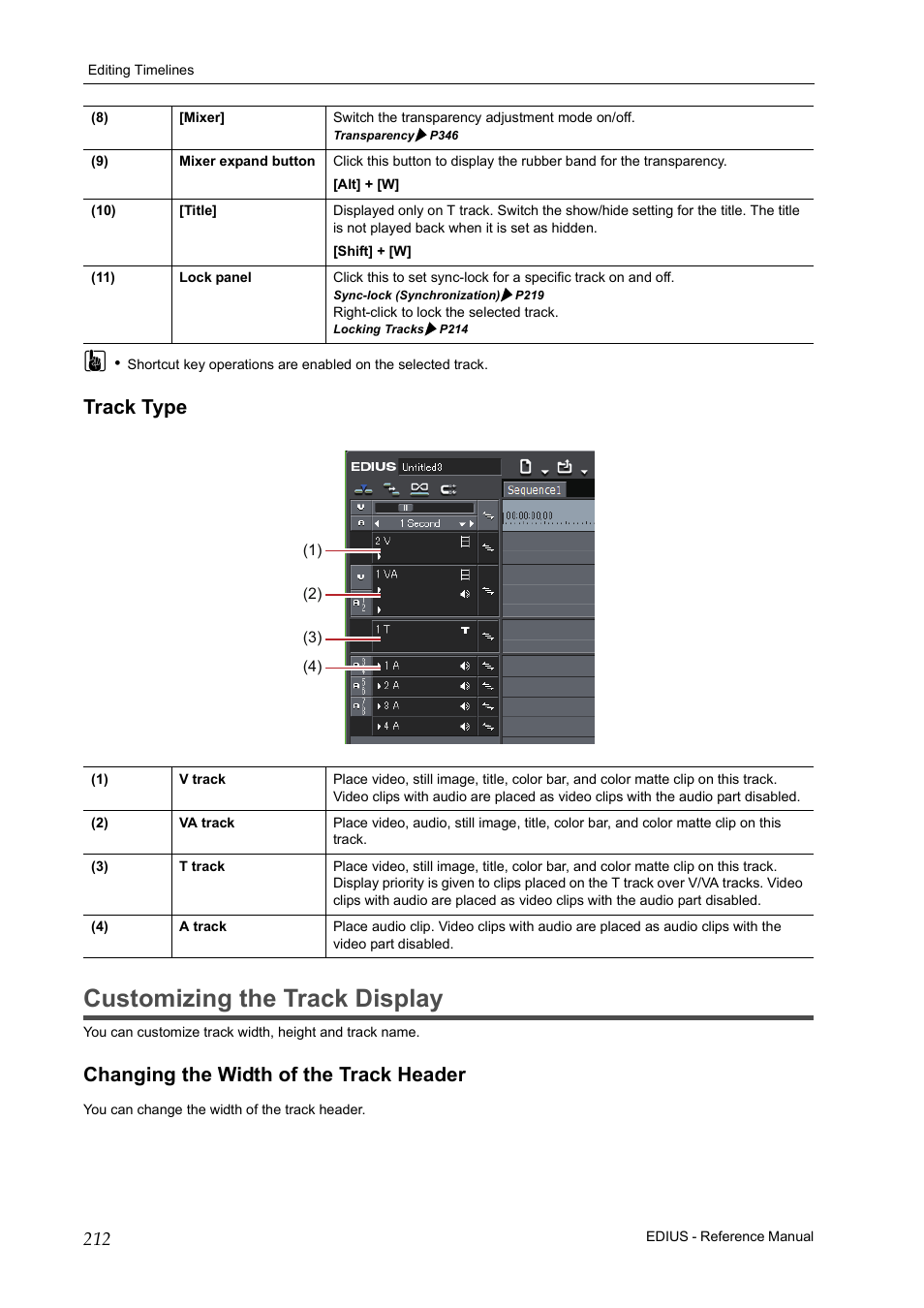 Track type, Customizing the track display, Changing the width of the track header | Grass Valley EDIUS Pro v.6.5 User Manual | Page 234 / 530
