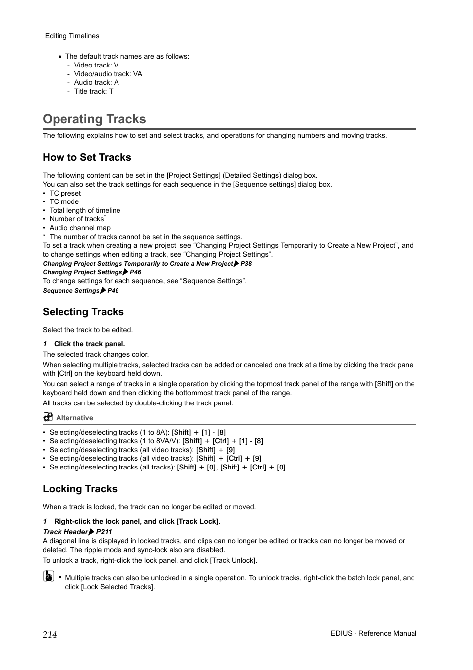 Operating tracks, How to set tracks, Selecting tracks | Locking tracks, How to set tracks selecting tracks locking tracks, P214 | Grass Valley EDIUS Pro v.6.5 User Manual | Page 236 / 530