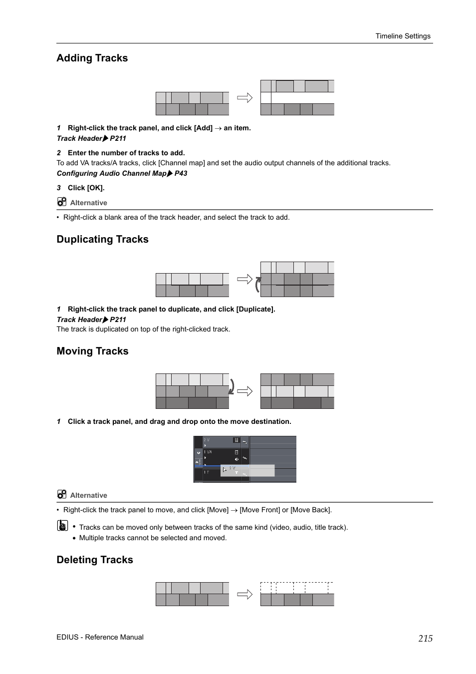 Adding tracks, Duplicating tracks, Moving tracks | Deleting tracks | Grass Valley EDIUS Pro v.6.5 User Manual | Page 237 / 530