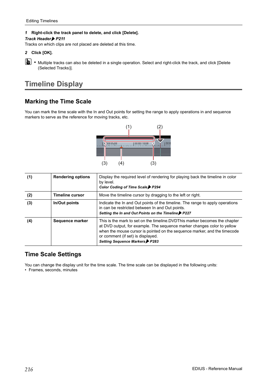 Timeline display, Marking the time scale, Time scale settings | Marking the time scale time scale settings, P216 | Grass Valley EDIUS Pro v.6.5 User Manual | Page 238 / 530