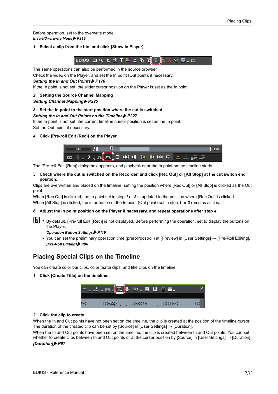Placing special clips on the timeline, P233 | Grass Valley EDIUS Pro v.6.5 User Manual | Page 255 / 530