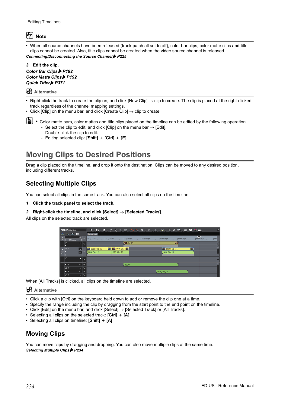 Moving clips to desired positions, Selecting multiple clips, Moving clips | Selecting multiple clips moving clips | Grass Valley EDIUS Pro v.6.5 User Manual | Page 256 / 530