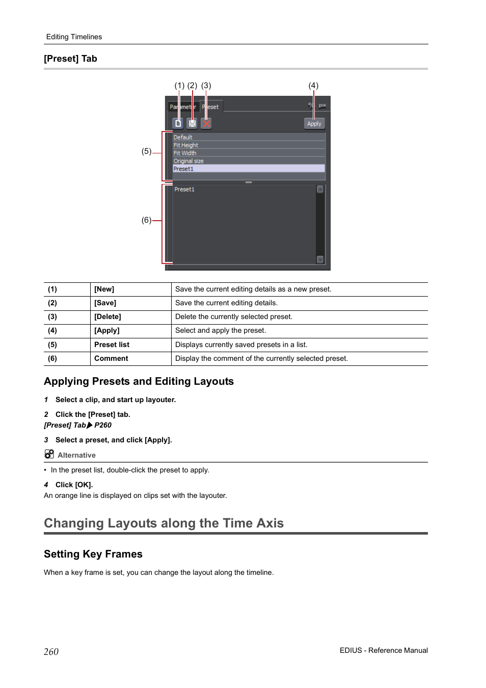 Preset] tab, Applying presets and editing layouts, Changing layouts along the time axis | Setting key frames, P260 | Grass Valley EDIUS Pro v.6.5 User Manual | Page 282 / 530