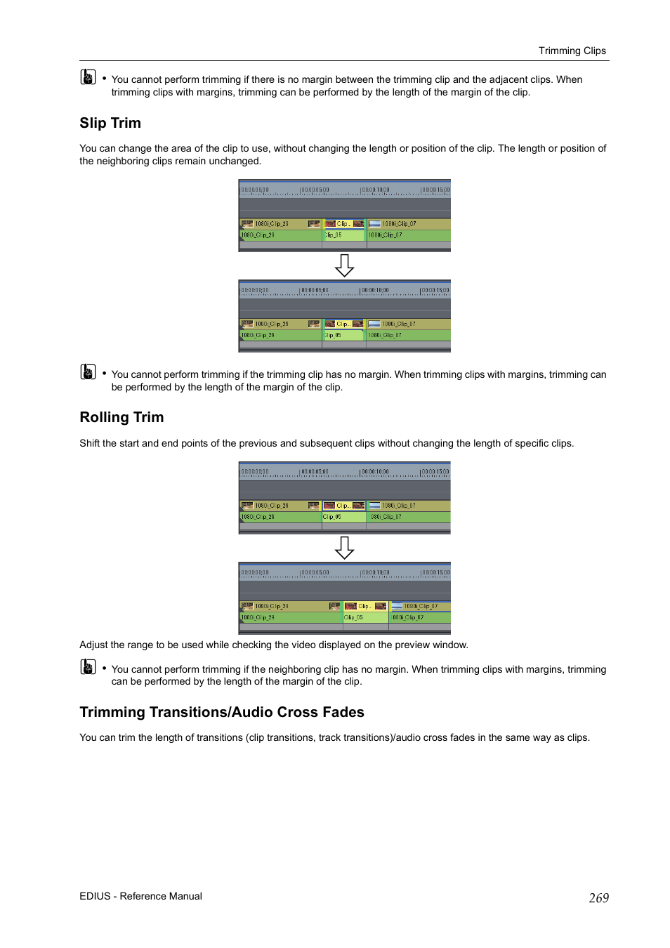 Slip trim, Rolling trim, Trimming transitions/audio cross fades | Grass Valley EDIUS Pro v.6.5 User Manual | Page 291 / 530