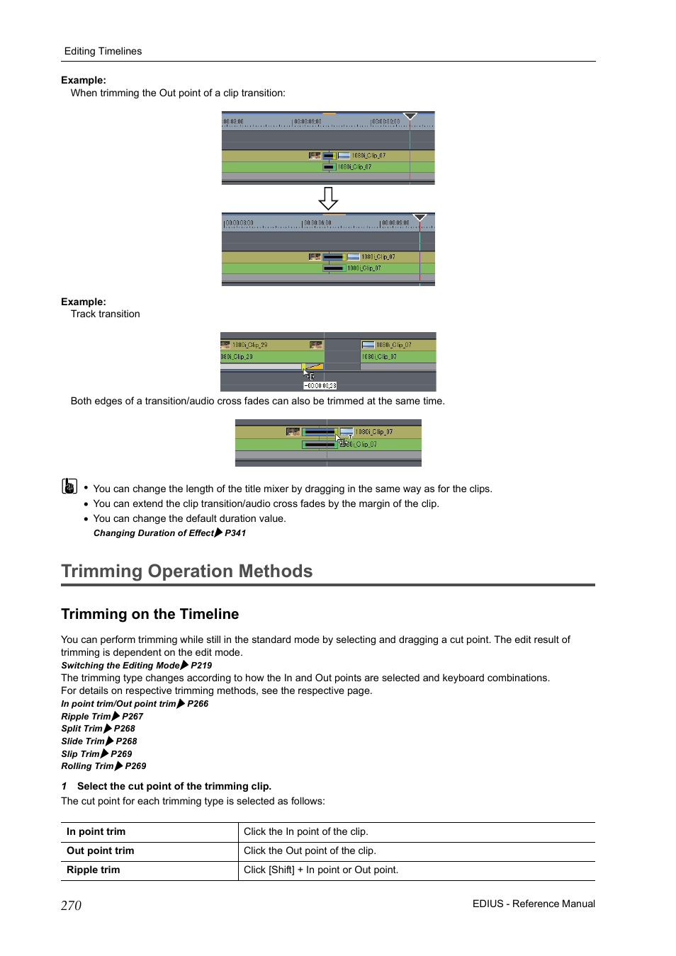 Trimming operation methods, Trimming on the timeline, P270 | Grass Valley EDIUS Pro v.6.5 User Manual | Page 292 / 530