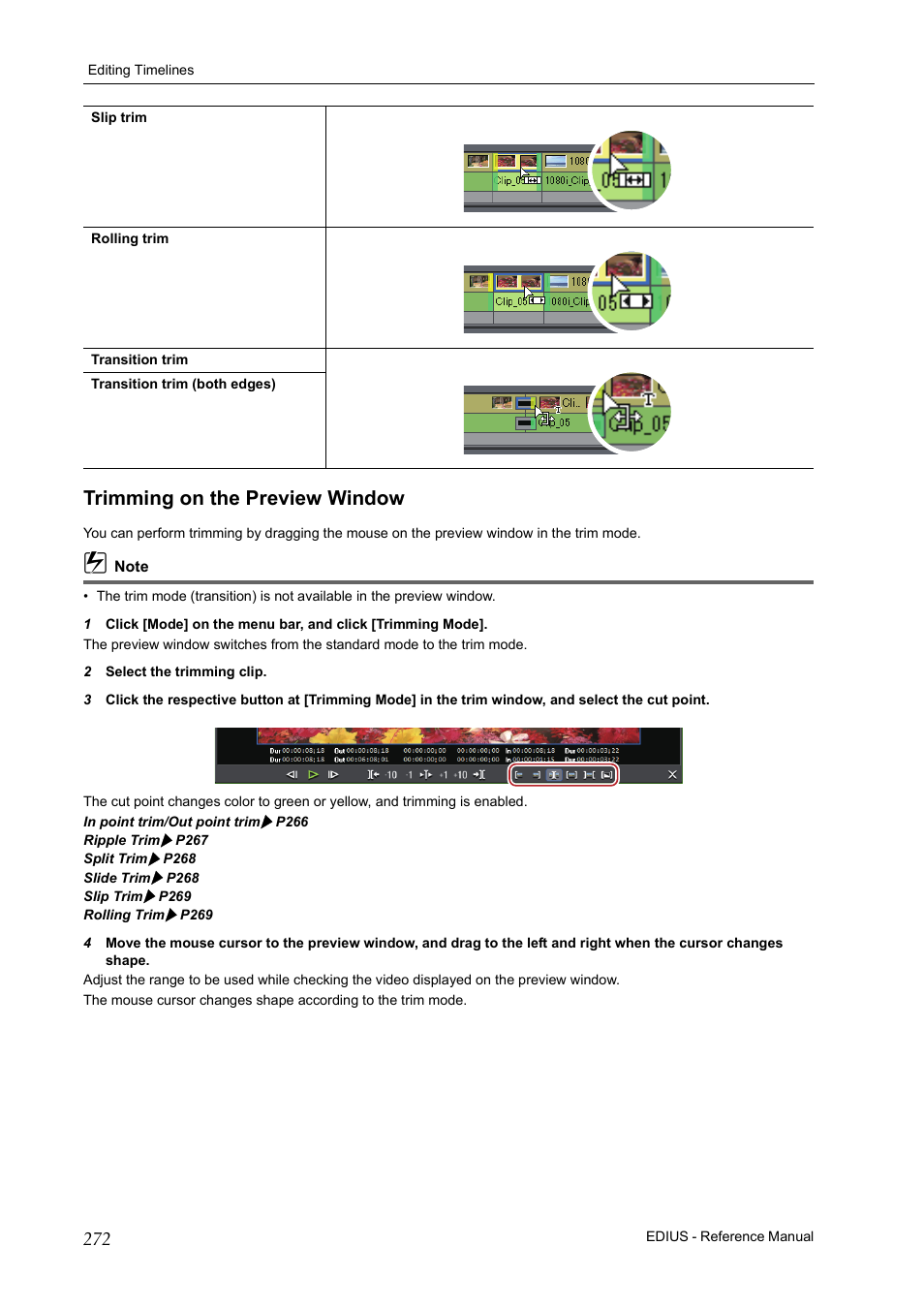 Trimming on the preview window, P272 | Grass Valley EDIUS Pro v.6.5 User Manual | Page 294 / 530