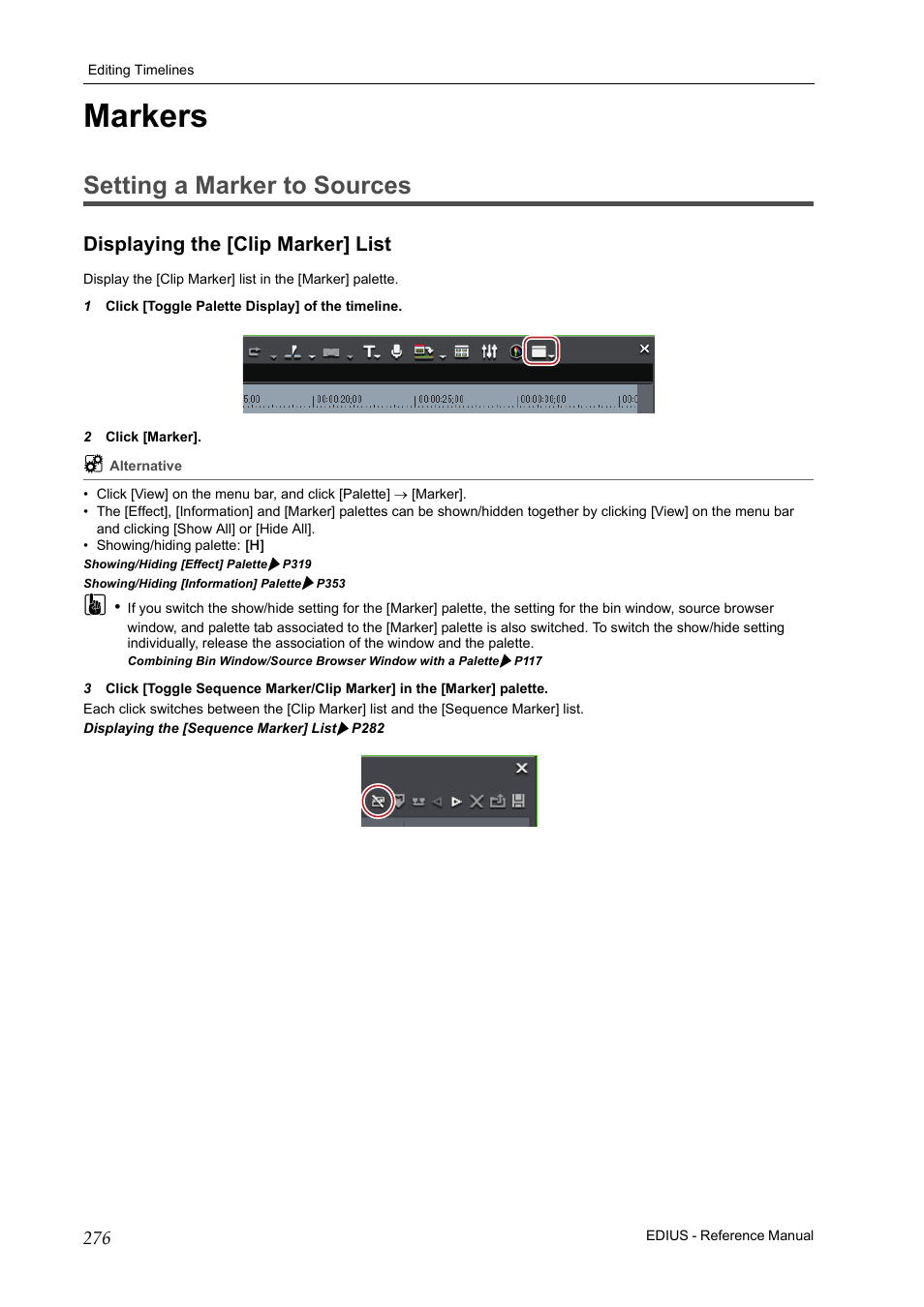 Markers, Setting a marker to sources, Displaying the [clip marker] list | P276 | Grass Valley EDIUS Pro v.6.5 User Manual | Page 298 / 530