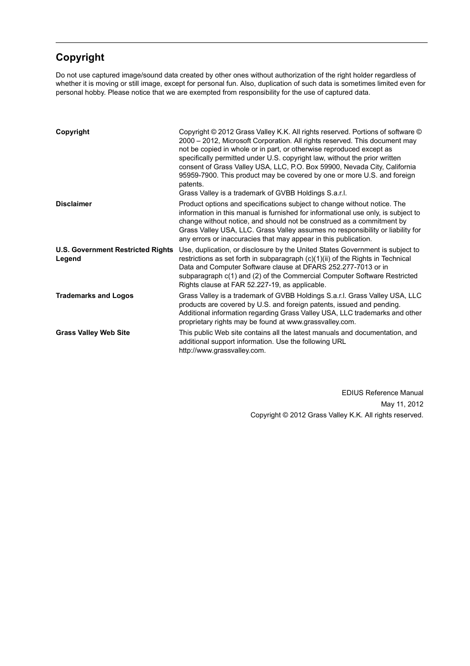 Copyright | Grass Valley EDIUS Pro v.6.5 User Manual | Page 3 / 530