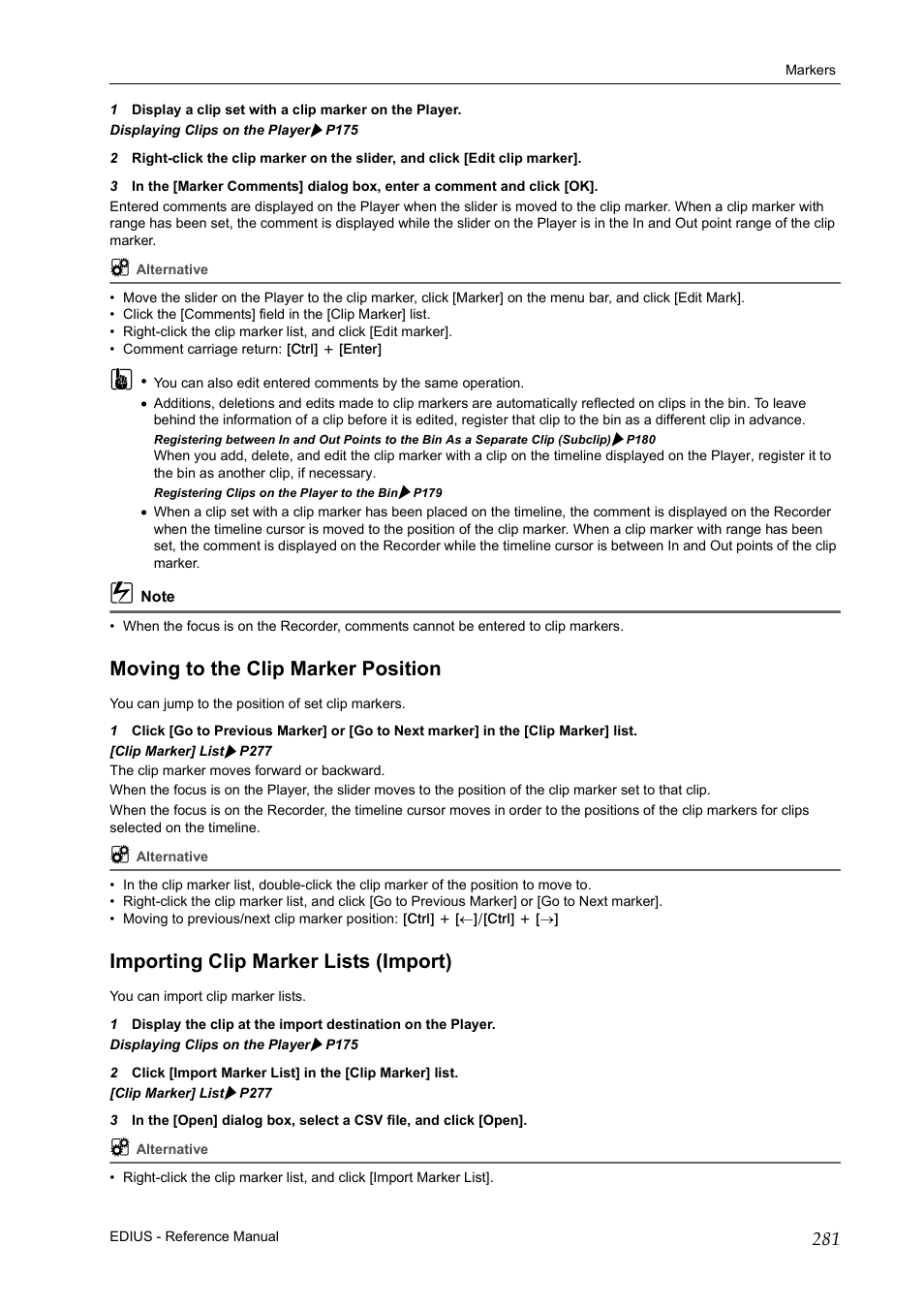 Moving to the clip marker position, Importing clip marker lists (import) | Grass Valley EDIUS Pro v.6.5 User Manual | Page 303 / 530
