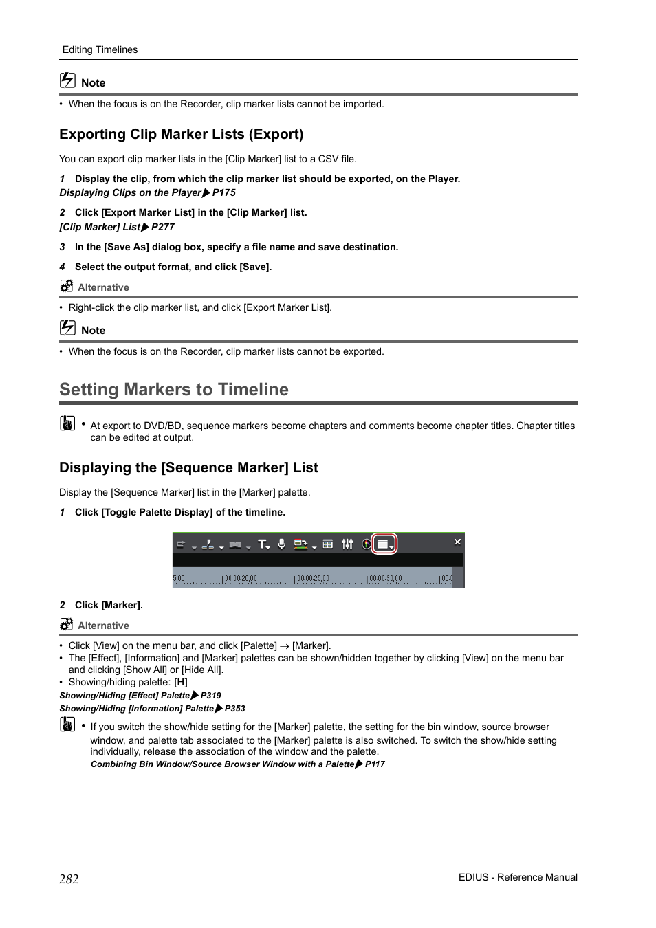 Exporting clip marker lists (export), Setting markers to timeline, Displaying the [sequence marker] list | P282, Setting markers to timeline 3 | Grass Valley EDIUS Pro v.6.5 User Manual | Page 304 / 530