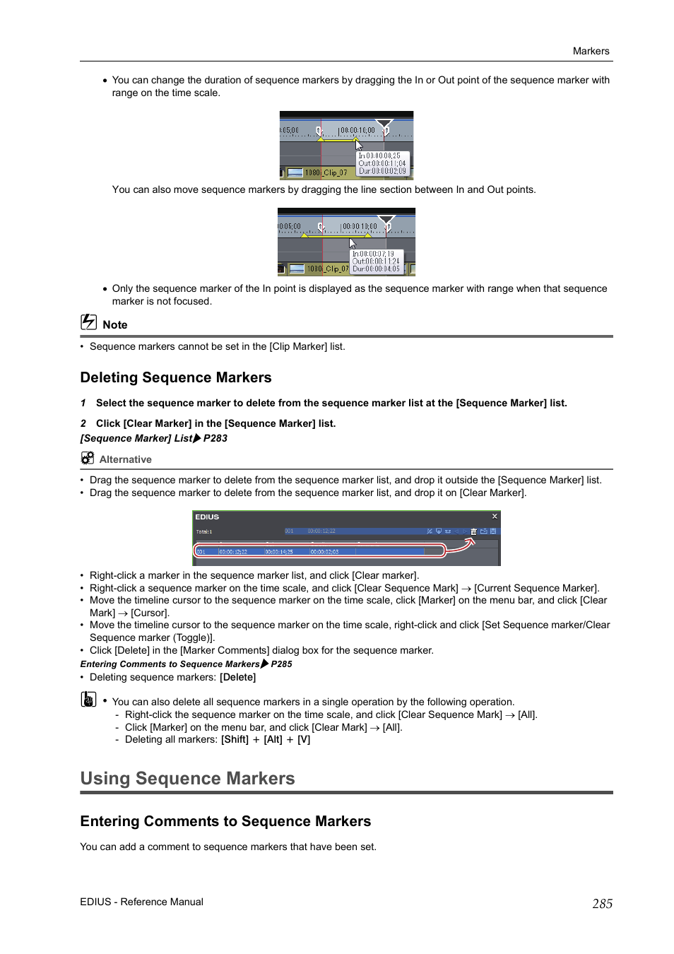 Deleting sequence markers, Using sequence markers, Entering comments to sequence markers | P285 | Grass Valley EDIUS Pro v.6.5 User Manual | Page 307 / 530