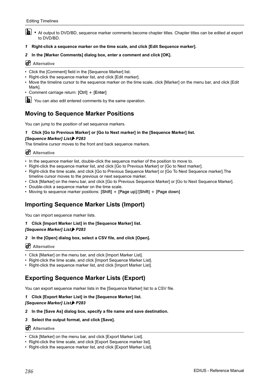 Moving to sequence marker positions, Importing sequence marker lists (import), Exporting sequence marker lists (export) | Grass Valley EDIUS Pro v.6.5 User Manual | Page 308 / 530