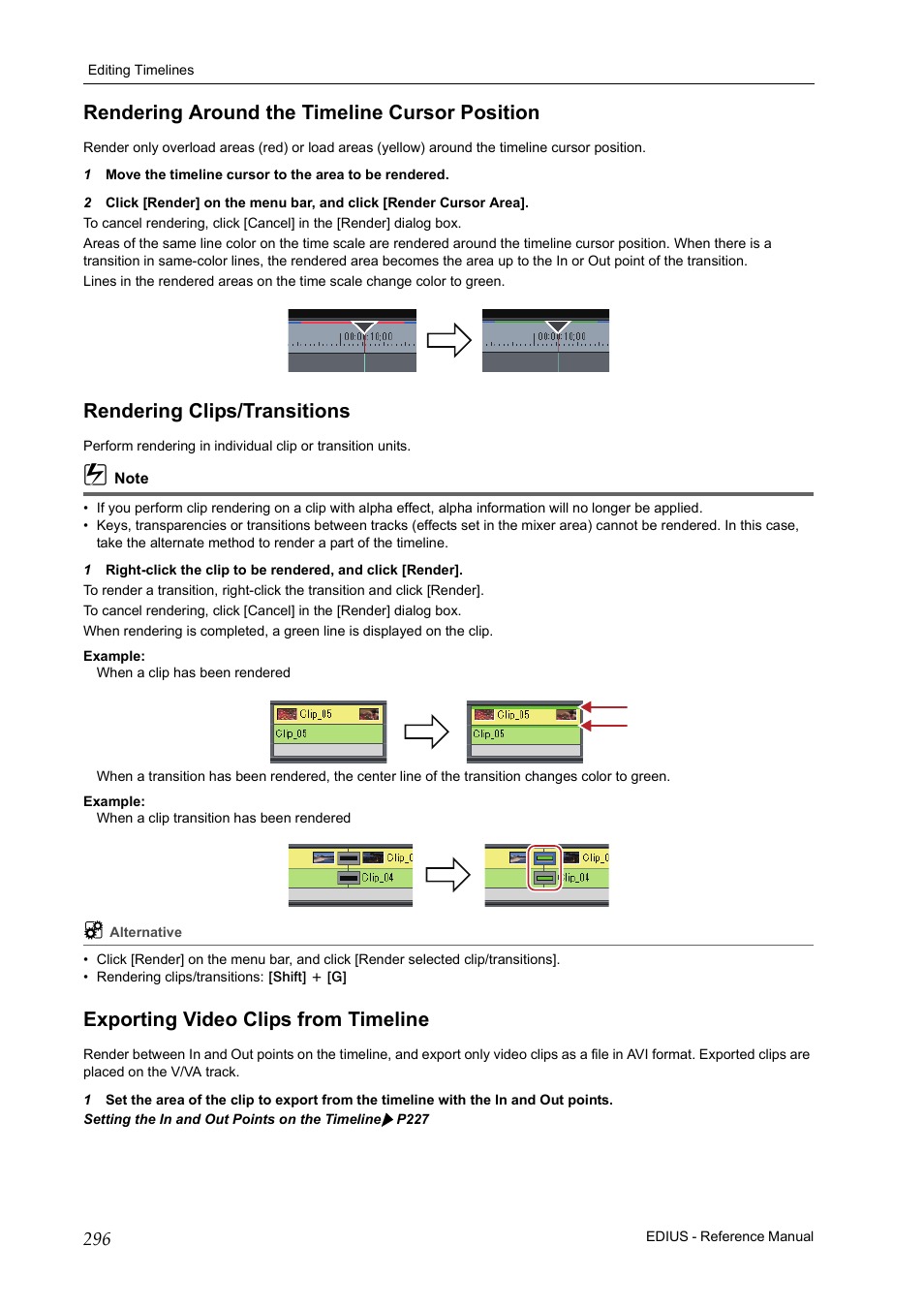 Rendering around the timeline cursor position, Rendering clips/transitions, Exporting video clips from timeline | P296 | Grass Valley EDIUS Pro v.6.5 User Manual | Page 318 / 530