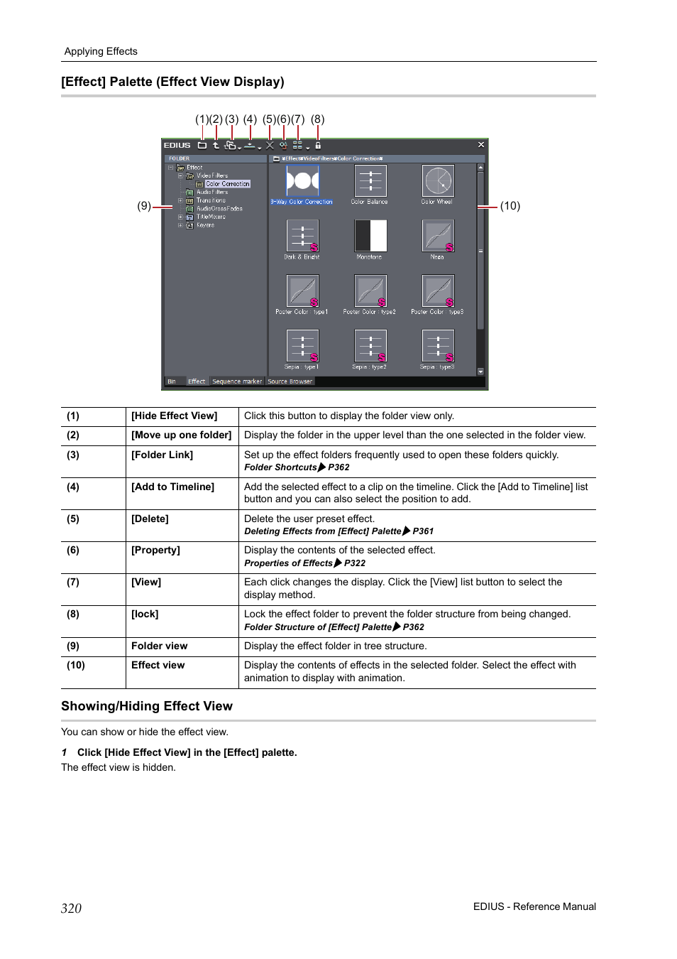 Effect] palette (effect view display), Showing/hiding effect view, P320 | Grass Valley EDIUS Pro v.6.5 User Manual | Page 342 / 530